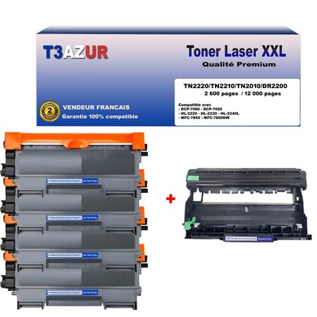 Kit tambour+ 4 toners  compatibles avec brother tn2220  tn2010  dr2200 pour brother fax 2840  fax 2845  fax 2940 - t3azur