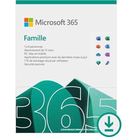 Microsoft 365 famille - licence 1 an - postes illimités - 6 utilisateurs - a télécharger